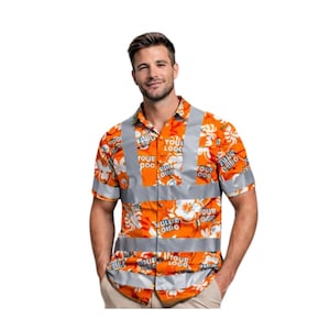 May include: Orange short-sleeved shirt with a floral pattern and reflective silver stripes. The shirt has the text "YOUR LOGO" printed on it. The shirt is buttoned up and has a collared neckline.