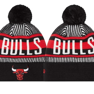 Chicago Bulls New Era Black White Stripe Cuffed Pom Knit Hat