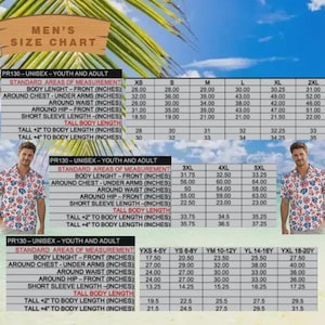 May include: A size chart for unisex youth and adult shirts, with measurements in inches. The chart includes body length, chest, waist, hip, and sleeve length measurements for sizes XS to 5XL, and youth sizes YXS to YXL. The chart also includes tall body length measurements.