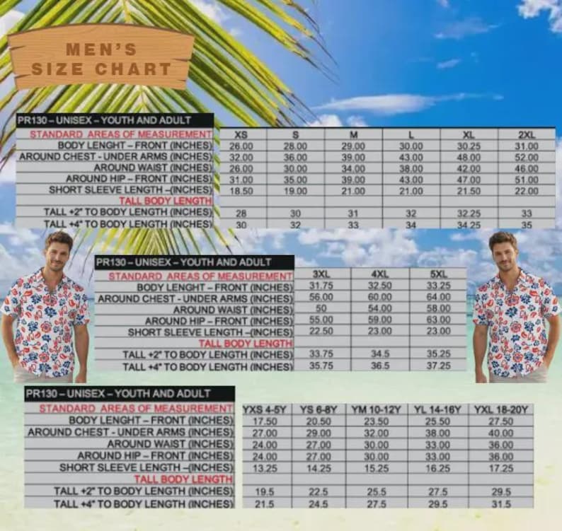 May include: A size chart for unisex youth and adult shirts, with measurements in inches. The chart includes body length, chest, waist, hip, and sleeve length measurements for sizes XS to 5XL, and youth sizes YXS to YXL. The chart also includes tall body length measurements.