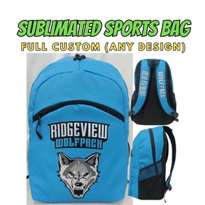 May include: A blue sports bag with a black zipper and a wolfpack logo. The bag is fully customizable with any design.