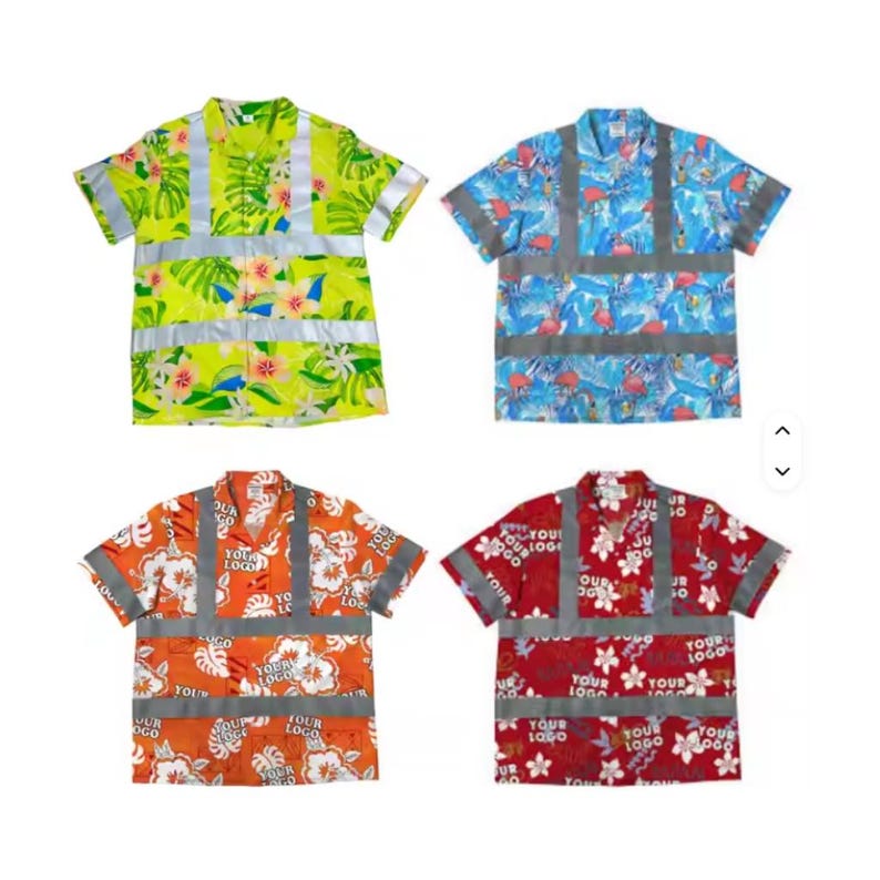 May include: Four short-sleeved shirts with reflective stripes. The shirts feature floral and tropical patterns in green, blue, orange, and red. Each shirt has the text "YOUR LOGO" printed on it.