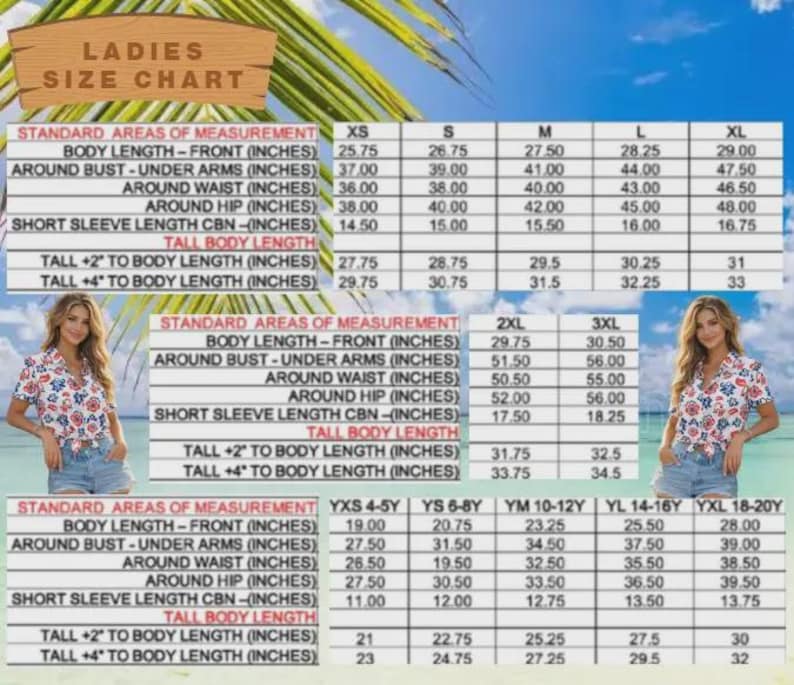 May include: A ladies' size chart with measurements in inches for tops, including body length, bust, waist, and hip sizes. The chart includes sizes XS to 3XL and youth sizes.