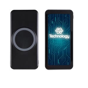 May include: Two black electronic devices. One has a circular design with a gray outline. The other device displays a blue circuit board design with the word "Technology" in white text.