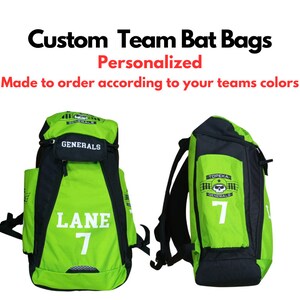 May include: Two green and black baseball bat bags with the word "GENERALS" and a skull logo. One bag has the number "7" and the name "LANE" on it. The other bag has the number "7" and the word "TOPEKA" on it.