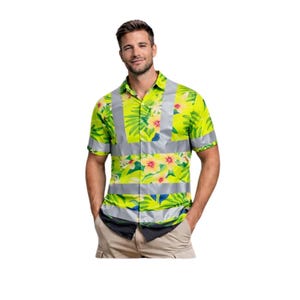 May include: A short-sleeved, button-down shirt with a vibrant floral pattern in yellow, green, and blue. The shirt features reflective silver stripes across the chest and sleeves, creating a high-visibility design. The shirt is paired with khaki-colored pants.