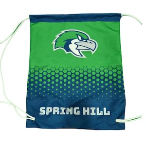 May include: Green and blue drawstring bag with a white eagle logo and the text "SPRING HILL" printed on the front.