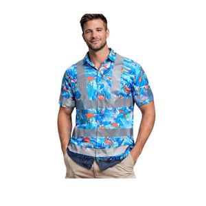 May include: A short-sleeved button-down shirt with a vibrant blue floral pattern, accented with orange and gray reflective stripes. The shirt is worn with khaki pants.