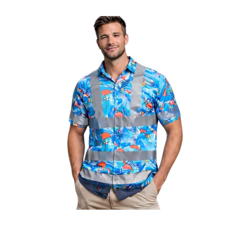 May include: A short-sleeved button-down shirt with a vibrant blue floral pattern, accented with orange and gray reflective stripes. The shirt is worn with khaki pants.