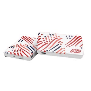 May include: Two white rectangular power banks with a red, white, and blue abstract design. The design features red and blue wavy lines and dots. The power banks have the letters "ADP" in a white rectangle.