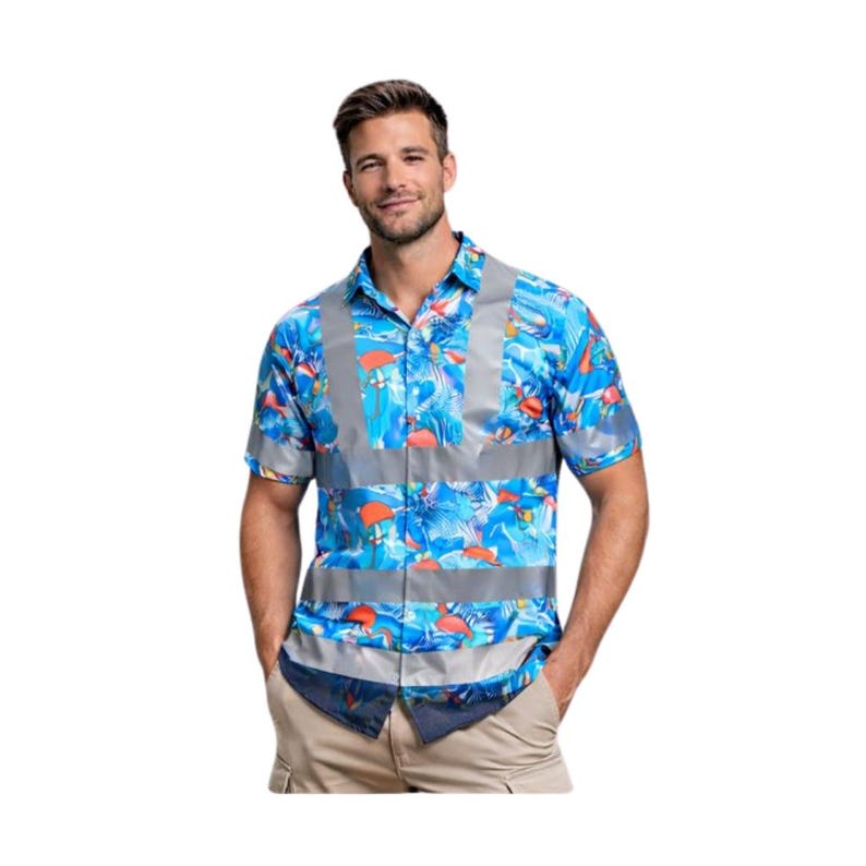May include: A short-sleeved button-down shirt with a vibrant blue tropical print featuring flamingos and foliage. The shirt has reflective silver stripes across the chest and torso, and is paired with khaki pants.