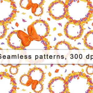 Puede incluir: Un patrón sin costuras que presenta guirnaldas de hojas de otoño en tonos naranja, amarillo, morado y verde. Las guirnaldas están decoradas con lazos naranjas y están dispersas sobre un fondo blanco.