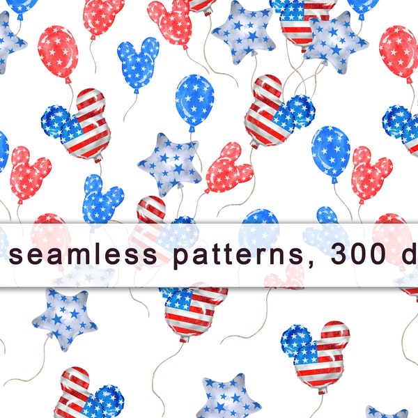 4th of july, Balloons digital paper, Mouse, American flag, Patriotic, Watercolor, Printable, Design, Sublimation, USA, Seamless pattern