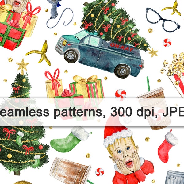 Home Alone Christmas Movie Watercolor Seamless Pattern (Digital Download)