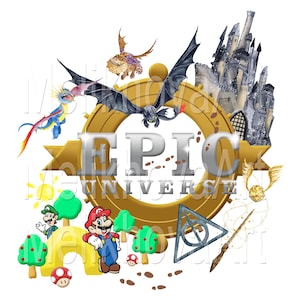 May include: A colourful graphic design with the text "EPIC UNIVERSE". The design includes cartoon characters and elements from various franchises, such as dragons, a castle, and video game characters.