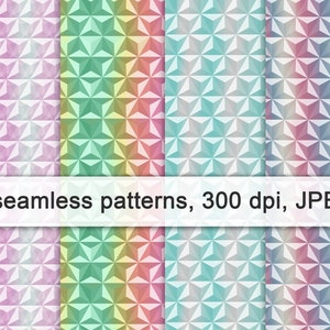 May include: Four seamless patterns with a geometric design in shades of pink, green, blue, and red. The patterns are 300 dpi and in JPEG format.