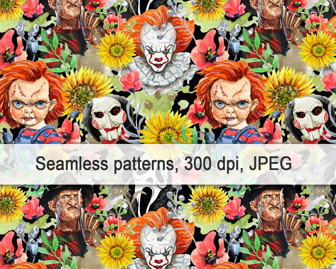 Horror Movie Seamless Pattern, Halloween Floral Design (digital ...