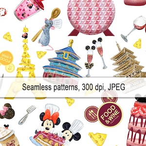 May include: A seamless pattern featuring watercolor illustrations of a mouse chef, cheese structures, wine glasses, champagne flutes with mouse ears, a pink geodesic dome, and circular Food & Wine Festival logos on a white background.