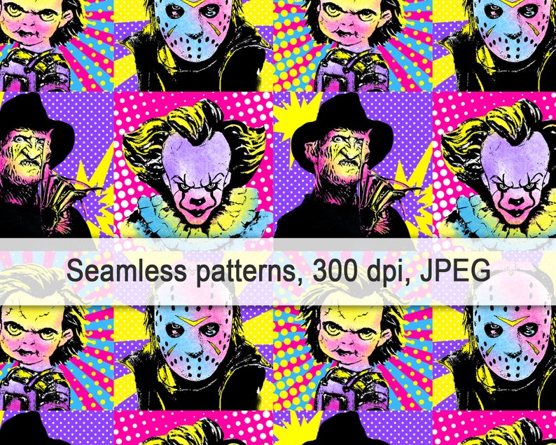 Horror Movie Seamless Pattern, Halloween Background, Pop Art (digital ...