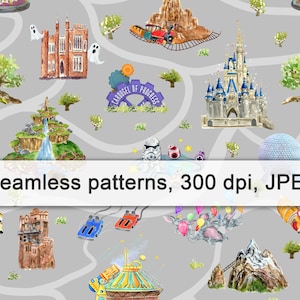 Magic Kingdom, Parks, Digital paper, Watercolor, Castle, Mountain, Mouse, Attractions, Printable, Print, Seamless pattern, Background