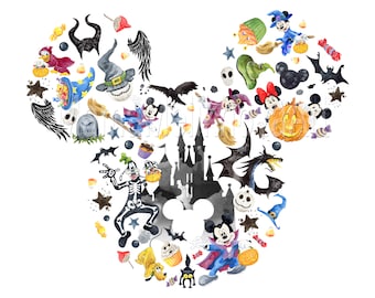 Watercolor Halloween Mouse Head, Castle, Pumpkin PNG (Digital Download)