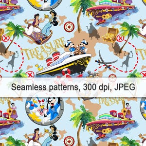 Tesouro, Cruzeiro, Piratas, Reino mágico, Oceano, Rato, Mar, Imprimível, Camisa, Glitter dourado, Papel digital, Sublimação, Padrão sem costura