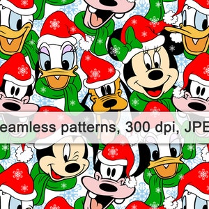 Può includere: Motivo senza cuciture con Topolino, Minnie, Paperino, Paperina, Pippo e Pluto, tutti con cappelli di Babbo Natale e sciarpe verdi. Lo sfondo ha fiocchi di neve. Il testo "Seamless patterns, 300 dpi, JPEG" è visualizzato.