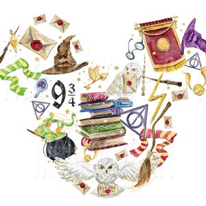May include: Watercolor illustration of various Harry Potter themed items arranged in a Mickey Mouse head shape. Includes a sorting hat, books, owls, a broom, and the number 9 3/4.