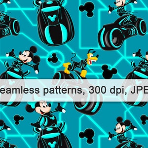 Puede incluir: Patrón sin costuras con Mickey Mouse y Pluto en un diseño futurista con vehículos negros y detalles en azul neón sobre fondo turquesa. Incluye el texto "Seamless patterns, 300 dpi, JPEG".