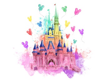 Watercolor Castle, Magic kingdom, Mouse, Balloons, Print, Printable, Shirt, Digital, Design, Sublimation transfer, PNG, Clipart