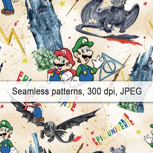 May include: A seamless pattern featuring a whimsical mix of characters and objects.  The pattern includes a green and red Mario character, a black dragon, a castle, and a golden wand.  The background is a light beige with gold stars and the text "Epic Universe".