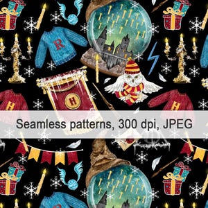 May include: A seamless pattern featuring a variety of Harry Potter themed illustrations, including a snow globe, a Hogwarts house crest, a snowy owl, and a Christmas-themed sweater. The pattern is set against a black background with snowflakes and other decorative elements.