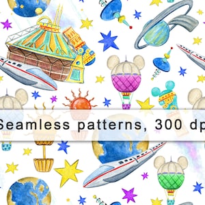 Könnte beinhalten: Ein nahtloses Muster mit Aquarell-Illustrationen eines Weltraum-Themenparks. Das Muster enthält ein Raumschiff, Heißluftballons, Sterne, Planeten und eine Sonne. Der Text "Seamless patterns, 300 dpi" ist im Bild enthalten.