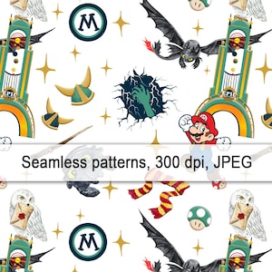 Könnte beinhalten: Nahtloses Musterdesign mit verschiedenen Cartoon-Charakteren und Elementen auf weißem Hintergrund. Enthält Mario, einen Drachen, einen Zauberstab, einen Pilz und einen Schal im Hogwarts-Stil. Das Design enthält auch einen Turm und ein kreisförmiges Logo mit dem Buchstaben "M".