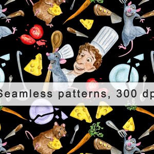 Könnte beinhalten: Ein nahtloses Muster mit einem Cartoon-Koch, einer Ratte und verschiedenen Küchenutensilien, darunter Karotten, Käse und Löffel. Der Hintergrund ist schwarz. Das Muster hat 300 dpi.