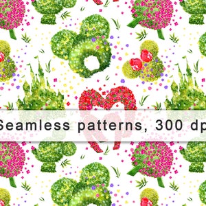 Könnte beinhalten: Nahtloses Aquarellmuster mit skurrilen Topiaries, einem Schloss und herzförmigen Blumenarrangements. Das Design umfasst lebendige rosa, grüne und rote Blumenelemente, mit dem Text "Seamless patterns, 300 dpi" auf weißem Hintergrund.
