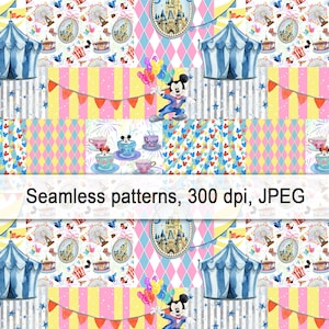 Könnte beinhalten: Ein farbenfrohes nahtloses Muster mit Zirkuszelten, Mickey Mouse, Teetassen und einem Schloss. Das Design umfasst Streifen, Rauten und Herzmuster in Rosa, Gelb, Blau und Weiß. Der Text "Seamless patterns, 300 dpi, JPEG" ist sichtbar.