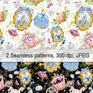 Pode incluir: Dois padrões sem costura com ilustrações temáticas da Cinderela. Os desenhos incluem Cinderela em um vestido azul, um castelo, uma carruagem, abóboras e molduras decorativas. O texto diz "2 Seamless patterns, 300 dpi, JPEG".