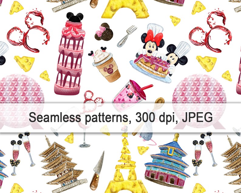 Epcot Pattern Line Work Epcot Food and Wine Watercolor Seamless Pattern (digital Paper) - Etsy