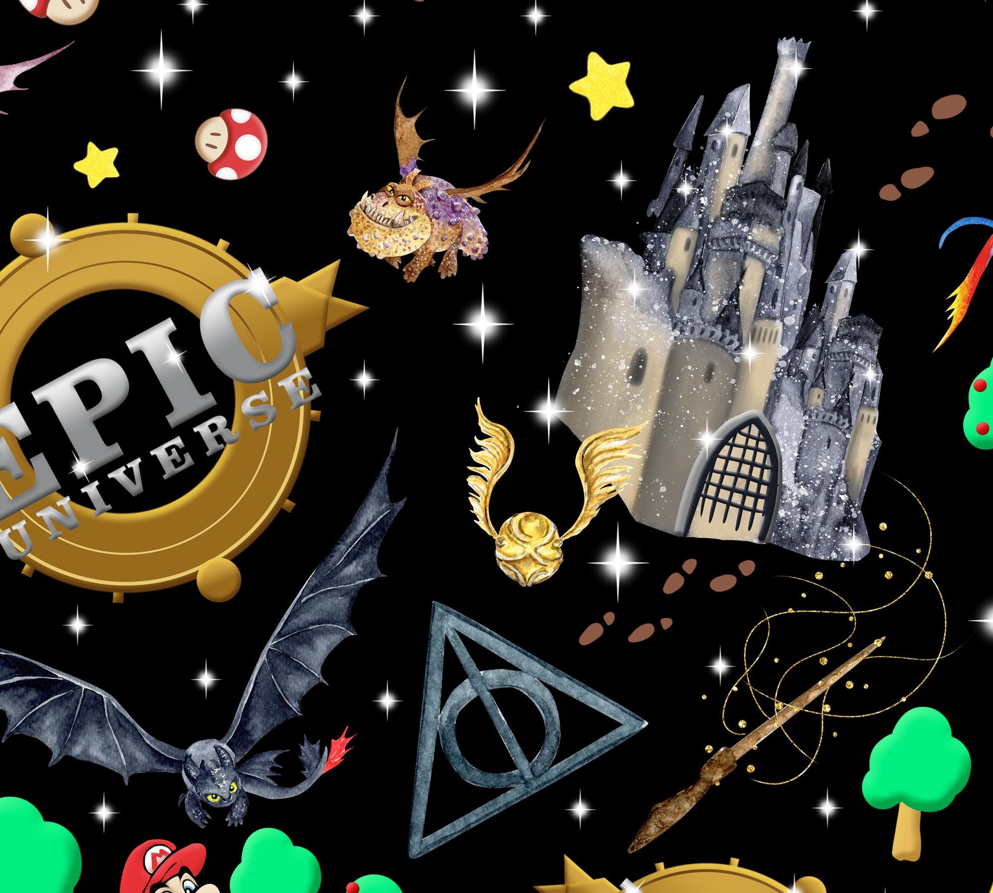 Epic Universe Seamless Pattern, Dragons, Castle, Parks (digital ...