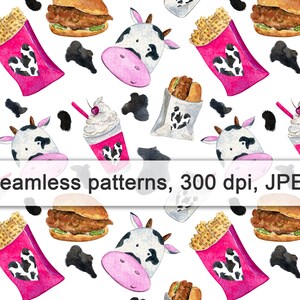 Tête de vache, Animal de ferme, Poulet, Cœur, Aquarelle, Nourriture, Imprimable, Chemise, Papier numérique, Sublimation, Motif sans couture, Design, Impression