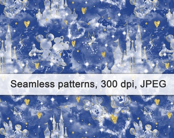 Magic Kingdom Castle Seamless Pattern, Mouse, Clouds (Digital Download)