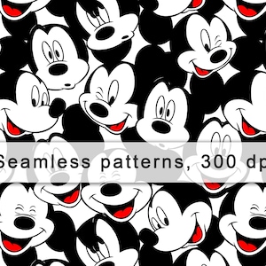 May include: A seamless pattern featuring black and white cartoon Mickey Mouse faces with red accents. The pattern is perfect for fabric, wallpaper, or other creative projects.