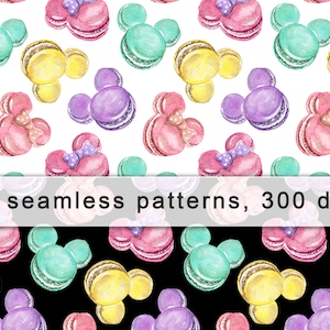 Puede incluir: Dos patrones sin costuras con macarons de colores pastel en forma de orejas de Mickey Mouse. Los patrones están sobre un fondo blanco y un fondo negro. El texto "2 seamless patterns, 300 dpi" está en la parte inferior de la imagen.