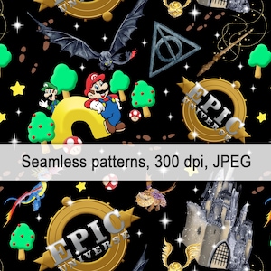 Puede incluir: Un patrón sin costuras con fondo negro con varios personajes de dibujos animados y símbolos coloridos. El patrón incluye a Mario y Luigi de Super Mario Bros., un dragón, un castillo, una snitch dorada, una varita mágica y un círculo dorado con el texto "EPIC UNIVERSE".