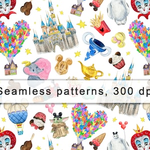 May include: A seamless pattern featuring watercolour illustrations of various Disney characters and icons, including Mickey Mouse, Cinderella's castle, Dumbo, and a hot air balloon shaped like a heart. The pattern is set against a white background and includes the text "Seamless patterns, 300 dpi".