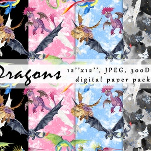 Wie du deinen Drachen trainierest, Nachtfell, Digitales Papier, Magisches Königreich, Aquarell, druckbar, Shirt, Sublimation, Nahtloses Muster, Druck
