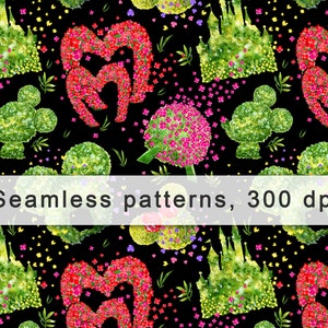 May include: A seamless pattern featuring a black background with various green, red, and pink floral shapes. The shapes are arranged in a repeating pattern and include a castle, hearts, and Mickey Mouse heads.