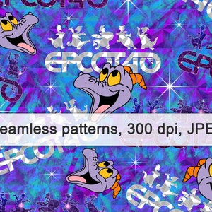 Epcot, Mauskopf, Figment, Magic Kingdom, Hemd, Sublimation, Parks, Digitales Papier, Grafiken, Sehenswürdigkeiten, Druck, Nahtloses Muster, Hintergrund