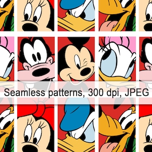 May include: A seamless pattern featuring cartoon characters from Disney. The pattern includes Mickey Mouse, Minnie Mouse, Donald Duck, and Goofy. The characters are all smiling and have bright, colorful features. The background is a solid red color.